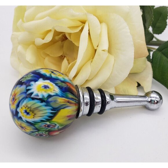 Vintage 1980's Handblown Murano Millefiori Art Glass Wine Bottle Stopper - Picture 1 of 10